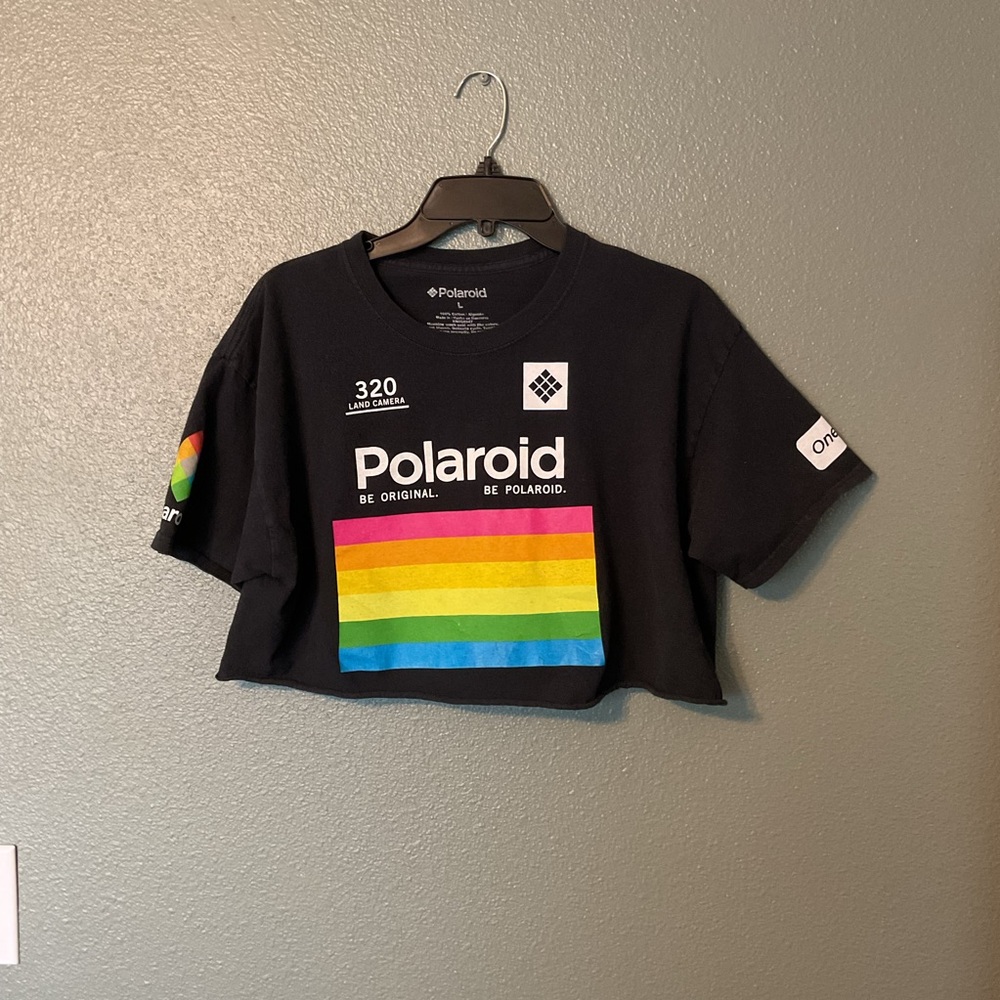 Polaroid Black Short Sleeve Tee with Retro Rainbow Design